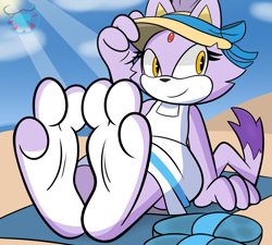 Size: 2025x1819 | Tagged: safe, artist:mintytempest, blaze the cat (sonic), cat, feline, mammal, anthro, plantigrade anthro, sega, sonic the hedgehog (series), barefoot, beach, clothes, feet, fetish, foot fetish, foot focus, sandals, shoes, shoes removed, soles, toes, wiggling toes