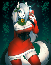 Size: 2760x3500 | Tagged: safe, artist:stelladraco, loona (vivzmind), canine, fictional species, hellhound, mammal, anthro, hazbin hotel, helluva boss, 2023, black nose, bottomwear, breasts, cell phone, christmas, clothes, collar, colored sclera, dress, ears, eyelashes, female, fingerless gloves, fur, gloves, hair, holiday, legwear, phone, red sclera, santa dress, smartphone, solo, solo female, spiked collar, stockings, tail, thighs, wide hips