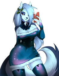 Size: 2760x3500 | Tagged: safe, alternate version, artist:stelladraco, loona (vivzmind), canine, fictional species, hellhound, mammal, anthro, hazbin hotel, helluva boss, 2023, black nose, bottomwear, breasts, cell phone, christmas, clothes, collar, colored sclera, dress, ears, eyelashes, female, fingerless gloves, fur, gloves, hair, holiday, legwear, phone, red sclera, santa dress, simple background, smartphone, solo, solo female, spiked collar, stockings, tail, thighs, white background, wide hips