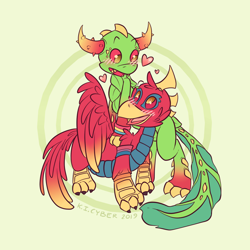 Size: 1020x1020 | Tagged: safe, artist:cyberstarlope, bird, dragon, fictional species, phoenix, feral, 2019, bisexual, bisexual pride flag, blushing, camo (skylanders), duo, duo male, feral/feral, flag, heart, looking at each other, male, male/male, males only, open mouth, pansexual, pansexual pride flag, pride flag, shipping, skylanders (series), smiling, sunburn (skylanders)
