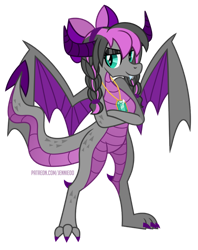 Size: 827x1042 | Tagged: safe, artist:jennieoo, oc, oc:krystal gem, dragon, fictional species, reptile, western dragon, anthro, hasbro, my little pony, bow, claws, digital art, dragonified, female, gray body, green eyes, hair, horns, jewelry, looking at you, multicolored hair, necklace, paws, pink belly, scales, simple background, solo, solo female, species swap, tail, transparent background, two toned hair, wings