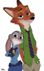 Size: 828x1324 | Tagged: safe, artist:davejorel, judy hopps (zootopia), nick wilde (zootopia), canine, fox, lagomorph, mammal, rabbit, red fox, anthro, disney, zootopia, 2d, bottomwear, clothes, crossed arms, duo, duo male and female, female, looking at you, male, necktie, pants, police uniform, signature, simple background, smiling, smiling at you, suit, white background
