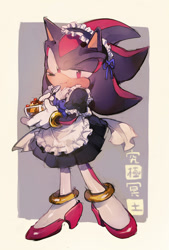 Size: 600x890 | Tagged: suggestive, artist:fumomo, shadow the hedgehog (sonic), hedgehog, mammal, sega, sonic the hedgehog (series), apron, black body, black fur, bottomwear, bow, bow tie, clothes, dress, eating, enmaided, food, fur, gloves, gold bracelet, high heels, maid, maid headdress, maid outfit, male, multicolored fur, red body, red eyes, red fur, shoes, solo, solo male, spoon, two toned body, two toned fur
