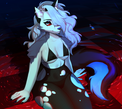 Size: 2029x1816 | Tagged: safe, artist:iam3d, loona (vivzmind), canine, fictional species, hellhound, mammal, anthro, hazbin hotel, helluva boss, 2024, belly button, bikini, breasts, clothes, colored sclera, detailed background, ears, eyelashes, female, fishnet, fishnet stockings, fur, hair, hair over one eye, legwear, red sclera, see-through, sitting, solo, solo female, stockings, swimsuit, tail, thighs, wide hips