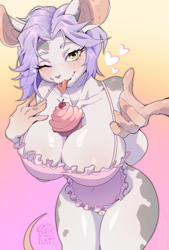 Size: 1576x2338 | Tagged: safe, artist:tabu-rat, oc, oc only, mammal, rat, rodent, anthro, 2024, apron, between breasts, breasts, cleavage, clothes, cupcake, detailed background, ears, eyelashes, female, food, fur, hair, huge breasts, looking at you, naked apron, nudity, partial nudity, pink nose, solo, solo female, tail, thighs, wide hips
