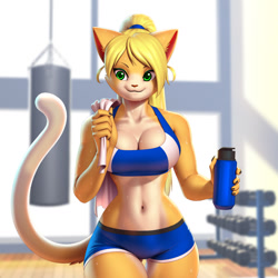 Size: 1280x1280 | Tagged: safe, artist:pak009, oc, oc only, cat, feline, mammal, anthro, 2024, belly button, big breasts, bottomwear, breasts, cleavage, clothes, detailed background, ears, eyelashes, female, fur, gym, hair, looking at you, redraw, shorts, solo, solo female, sports bra, sports shorts, sweat, tail, thighs, topwear, towel around neck, wide hips