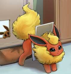 Size: 1869x1971 | Tagged: safe, artist:otakuap, eevee, eeveelution, fictional species, flareon, mammal, feral, nintendo, pokémon, 2024, 2d, :<, ambiguous gender, ambiguous only, behaving like a dog, black nose, cute, detailed background, digital art, door, doormat, duo, duo ambiguous, ears, fluff, frowning, fur, hair, indoors, looking at you, neck fluff, paws, silly, stuck, tail, unamused