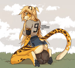 Size: 1280x1164 | Tagged: suggestive, artist:lotusgarden, oc, oc only, cheetah, feline, mammal, anthro, 2021, ball, blonde hair, bottomwear, clothes, ears, female, fur, green eyes, hair, kneeling, looking at you, looking back, looking back at you, orange body, orange fur, paw pads, paws, soccer ball, solo, solo female, sports, spots, spotted fur, striped fur, tail, topwear