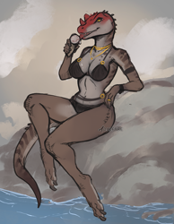 Size: 715x920 | Tagged: safe, artist:adalfyre, ceratosaurus, dinosaur, reptile, anthro, 2024, bikini, breasts, clothes, female, horns, sitting, solo, solo female, swimsuit, tail, thick thighs, thighs, tongue, tongue out, water, wide hips