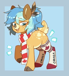 Size: 942x1042 | Tagged: safe, artist:cheekipone, oc, oc only, oc:chime maplewood, cervid, deer, equine, fictional species, mammal, pony, feral, friendship is magic, hasbro, my little pony, 2021, blue eyes, blue hair, canada, clothes, deer pony, feather, feather in hair, female, hair, hair accessory, orange body, scarf, smiling, socks, solo, solo female, tail