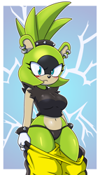 Size: 1200x2100 | Tagged: safe, artist:sonicguru, surge the tenrec (sonic), mammal, tenrec, anthro, idw sonic the hedgehog, sega, sonic the hedgehog (series), 2023, abstract background, angry, belly button, black nose, black shirt, blushing, breasts, caught, clothes, cyan eyes, digital art, ear piercing, eyelashes, female, finger ring, green body, green hair, green tail, hair, hair accessory, hair tie, interrupted, lighting, looking at you, multicolored body, pants, pants pulled down, piercing, solo, solo female, spiked bracelet, tail, tan body, tan inner ear, torn shirt, two toned body, undressing