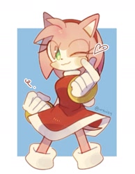 Size: 1647x2127 | Tagged: safe, artist:ureuizy, amy rose (sonic), hedgehog, mammal, sega, sonic the hedgehog (series), 2024, bottomwear, clothes, dress, female, fur, gloves, gold bracelet, green eyes, hair, hairband, looking at you, one eye closed, pink body, pink fur, smiling, solo, solo female