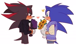 Size: 2657x1568 | Tagged: safe, artist:xammyoowah, shadow the hedgehog (sonic), sonic the hedgehog (sonic), hedgehog, mammal, sega, sonic the hedgehog (series), black body, black fur, blue body, blue fur, blushing, bouquet, clothes, duo, duo male, flower, fur, gloves, gold bracelet, green eyes, jacket, looking at each other, male, male/male, males only, multicolored fur, plant, red body, red eyes, red fur, shipping, shirt, sonadow (sonic), sunflower, sweat, sweater, sweater vest, tail, topwear, two toned body, two toned fur