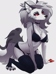 Size: 1557x2048 | Tagged: suggestive, artist:jesterwing, loona (vivzmind), canine, fictional species, hellhound, mammal, anthro, digitigrade anthro, hazbin hotel, helluva boss, 2024, bedroom eyes, breasts, choker, cleavage, clothes, colored sclera, condom, ear piercing, earring, female, garter belt, kneeling, legwear, lingerie, looking at you, midriff, piercing, red sclera, simple background, smiling, smiling at you, solo, solo female, thigh highs, underwear