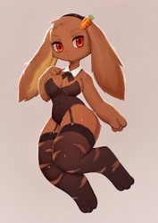 Size: 2896x4096 | Tagged: safe, artist:soda_uyu, lagomorph, mammal, rabbit, anthro, 2024, breasts, clothes, ears, female, garter straps, legwear, leotard, long ears, solo, solo female, stockings, thick thighs, thighs, wide hips