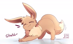 Size: 2277x1353 | Tagged: safe, artist:kinozel, eevee, eeveelution, fictional species, mammal, feral, nintendo, pokémon, 2024, 2d, ambiguous gender, brown body, brown fur, brown tail, complete nudity, cute, ears, emanata, eyes closed, fluff, fur, head fluff, long ears, neck fluff, nudity, paws, signature, simple background, smiling, solo, solo ambiguous, stretching, tail, tan body, tan fur, white background