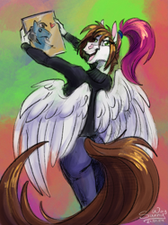 Size: 1199x1600 | Tagged: safe, artist:sunny way, oc, oc only, oc:sunny way, equine, fictional species, horse, mammal, pegasus, pony, anthro, 2024, bottomwear, brown hair, bust, clothes, digital art, ears, feathered wings, feathers, female, fur, green eyes, hair, happy, ipad, looking at you, looking back, looking back at you, love, magenta hair, male, mare, open mouth, pants, portrait, procreate, rear view, sketch, smiling, solo, stallion, steven saidon, sweater, tail, topwear, white body, white fur, white wings, wings
