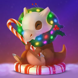 Size: 894x894 | Tagged: safe, artist:artkitt-creations, cubone, dinosaur, fictional species, feral, nintendo, pokémon, bone, candy, candy cane, christmas, christmas lights, christmas wreath, food, holiday, holly, lights, male, skull, snow, solo, solo male, winter