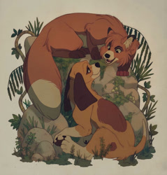 Size: 873x915 | Tagged: safe, artist:mapletrail, copper (the fox and the hound), tod (the fox and the hound), bloodhound, canine, dog, fox, mammal, red fox, feral, disney, the fox and the hound, duo, duo male, leaf, male, males only, plant, rock, tree, vulpes