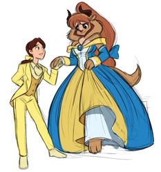 Size: 1102x1183 | Tagged: safe, artist:awdtwit, beast (beauty and the beast), belle (beauty and the beast), fictional species, human, mammal, monster, anthro, beauty and the beast, disney, 2024, big breasts, breasts, cleavage, cute, cute little fangs, duo, fangs, female, horns, human/anthro, interspecies, looking at each other, male, paw pads, paws, rule 63, smiling at each other, tall woman, teeth