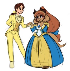 Size: 959x968 | Tagged: safe, artist:awdtwit, beast (beauty and the beast), belle (beauty and the beast), fictional species, human, mammal, monster, anthro, beauty and the beast, disney, 2024, blushing, cute, cute little fangs, duo, duo male and female, fangs, female, human/anthro, interspecies, looking at each other, male, paw pads, paws, rule 63, smiling at each other, teeth