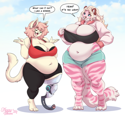 Size: 1482x1371 | Tagged: safe, artist:tiggybloom, oc, oc:marzipan (tiggybloom), big cat, cat, feline, mammal, tiger, anthro, 2024, big belly, bottomwear, breasts, clothes, duo, duo female, female, females only, huge breasts, prosthetic leg, prosthetics, shorts, slightly chubby, sports bra, sports shorts, tail, thick thighs, thighs, topwear, wide hips
