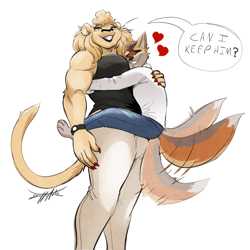 Size: 1080x1080 | Tagged: safe, artist:scottyartz, big cat, canine, feline, fox, lion, mammal, anthro, 2024, barefoot, between breasts, big breasts, breasts, cuddling, duo, eyes closed, feet, female, heart, hug, larger female, lioness, love heart, male, muscles, muscular female, size difference, smaller male, smiling, tail, tail wag, thick thighs, thighs, toes, wide hips