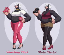 Size: 1529x1300 | Tagged: safe, artist:badroy, oc, oc:donna digarelli, mammal, mole, anthro, absolute cleavage, belly button, big belly, big breasts, bottomwear, breasts, chubby anthro, chubby female, cleavage, clothes, female, hair, hair over eyes, high heels, shoes, short shorts, shorts, slightly chubby, smiling, solo, solo female, thick thighs, thighs, white hair, wide hips