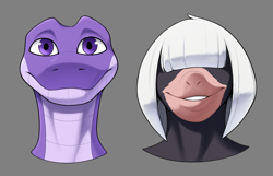 Size: 950x610 | Tagged: safe, artist:badroy, oc, oc:donna digarelli, mammal, mole, reptile, snake, anthro, duo, female, hair, hair over eyes, looking at you, male, purple scales, scales, smiling, smiling at you, white hair