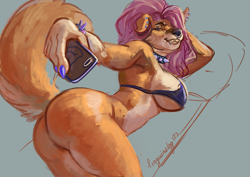 Size: 1637x1158 | Tagged: suggestive, artist:pinguinolog, oc, oc only, canine, dog, mammal, anthro, 2024, bedroom eyes, bikini, bikini top, bottomless, breasts, butt, cell phone, clothes, collar, commission, ears, eyelashes, female, fur, hair, looking back, micro bikini, nudity, partial nudity, phone, rear view, selfie, sideboob, sketch, smartphone, solo, solo female, spiked collar, swimsuit, tail, thighs, wide hips