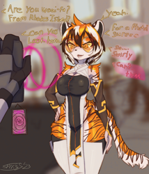 Size: 1200x1400 | Tagged: suggestive, artist:sprrigs-, part of a set, waaifu (arknights), big cat, feline, mammal, tiger, anthro, arknights, 2023, anthro/anthro, bottomwear, breasts, cell phone, clothes, detailed background, dialogue, dress, duo, duo male and female, ears, evening gloves, eyelashes, faceless male, female, female focus, fur, glasses, gloves, hair, hypnosis, legwear, long gloves, male, male/female, nipple outline, offscreen character, phone, smartphone, solo focus, stockings, sunglasses, tail, talking, text, thighs, wide hips