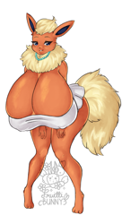 Size: 849x1556 | Tagged: suggestive, artist:fruittibunny, oc, oc only, eeveelution, fictional species, flareon, mammal, anthro, digitigrade anthro, nintendo, pokémon, 2024, bent over, bottomwear, breasts, clothes, commission, dress, ears, eyelashes, female, fluff, fur, hair, hyper, hyper breasts, neck fluff, solo, solo female, tail, thighs, wide hips