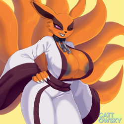 Size: 1919x1919 | Tagged: suggestive, artist:cattowsky, kurama (naruto), oc, oc only, canine, fictional species, fox, kitsune, mammal, anthro, naruto (series), 2024, areola, areola slip, breasts, cleavage, commission, ears, eyelashes, female, fur, hair, hand on hip, huge breasts, kimono (clothing), multiple tails, nine tails, one eye closed, rule 63, simple background, solo, solo female, tail, thighs, vixen, wide hips