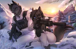 Size: 1659x1078 | Tagged: safe, artist:amarihel, oc, oc only, canine, mammal, wolf, anthro, 2024, assault rifle, body armor, breasts, clothes, detailed background, duo, duo male and female, ears, eyelashes, female, fur, gun, hair, m4a1 sopmod, male, mp5sd, rifle, snow, submachine gun, suppressor, tail, thighs, weapon, wide hips