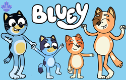 Size: 2048x1300 | Tagged: safe, artist:mrstheartist, bandit heeler (bluey), bingo heeler (bluey), bluey heeler (bluey), chilli heeler (bluey), australian cattle dog, canine, dog, mammal, anthro, plantigrade anthro, bluey (series), anthrofied, blue background, dancing, daughter, eyes closed, family, father, father and child, father and daughter, female, group, husband, husband and wife, male, mother, mother and daughter, mother and father, parents, quartet, scene interpretation, siblings, simple background, sister, sisters, wife