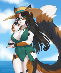 Size: 1008x1200 | Tagged: suggestive, artist:cristalavi, oc, calico, cat, feline, mammal, anthro, 2021, absolute cleavage, big breasts, breasts, cleavage, clothes, female, one-piece swimsuit, solo, solo female, swimsuit