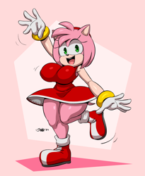 Size: 1738x2123 | Tagged: safe, artist:joaoppereiraus, amy rose (sonic), hedgehog, mammal, sega, sonic the hedgehog (series), big breasts, bobcut, boots, bottomwear, breasts, clothes, colored pupils, dress, eyelashes, footwear, fur, gloves, green eyes, hair, headband, headwear, loose hair, older, open mouth, open smile, pink body, pink fur, quills, red clothes, shoes, smiling, tan body, tan fur