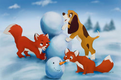 Size: 1100x726 | Tagged: safe, artist:urdar16, copper (the fox and the hound), tod (the fox and the hound), vixey (the fox and the hound), bloodhound, canine, dog, fox, mammal, red fox, feral, disney, the fox and the hound, 2d, carrot, female, food, group, male, plant, snow, snowball, snowman, tree, vegetables, vixen, winter, young