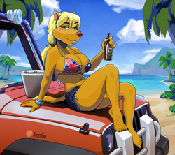Size: 4500x4000 | Tagged: safe, artist:greasymojo, canine, dingo, mammal, anthro, plantigrade anthro, ty the tasmanian tiger (series), 2024, absurd resolution, alcohol, australia, australian flag, beach, beer, beer bottle, belly button, bikini, black nose, bottomwear, breasts, car, clothes, detailed background, digital art, drink, ears, eyelashes, female, flag bikini, fur, hair, pose, shazza the dingo (ty the tasmanian tiger), shorts, sitting, solo, solo female, swimsuit, tail, thighs, vehicle, wide hips
