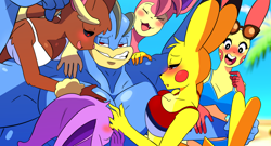 Size: 1216x657 | Tagged: safe, artist:feedback99, eeveelution, espeon, fictional species, lopunny, machamp, mammal, pikachu, plusle, skitty, anthro, nintendo, pokémon, 2023, anthro/anthro, beach, bedroom eyes, bikini, bikini top, black nose, black sclera, blushing, breasts, clothes, colored sclera, detailed background, digital art, ears, eyelashes, eyes closed, female, flexing, four arms, fur, glasses, glasses on head, hair, male, male/female, muscles, muscular male, open mouth, pecs, pose, shirt, smiling, sunglasses, sunglasses on head, swimsuit, tail, thighs, tongue, topwear, wide hips