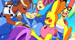 Size: 1216x657 | Tagged: safe, alternate version, artist:feedback99, eeveelution, espeon, fictional species, lopunny, machamp, mammal, pikachu, plusle, skitty, anthro, nintendo, pokémon, 2023, anthro/anthro, beach, bedroom eyes, black nose, black sclera, blushing, breasts, clothes, colored sclera, detailed background, digital art, ears, eyelashes, eyes closed, female, flexing, four arms, fur, glasses, glasses on head, hair, male, male/female, muscles, muscular male, open mouth, pecs, pose, shirt, smiling, sunglasses, sunglasses on head, tail, thighs, tongue, topwear, wide hips