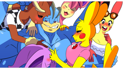 Size: 1192x670 | Tagged: safe, alternate version, artist:feedback99, eeveelution, espeon, fictional species, lopunny, machamp, mammal, pikachu, plusle, skitty, anthro, nintendo, pokémon, 2023, anthro/anthro, beach, bedroom eyes, bikini, bikini top, black nose, black sclera, blushing, breasts, clothes, colored sclera, digital art, ears, eyelashes, eyes closed, female, flexing, four arms, fur, glasses, glasses on head, hair, male, male/female, muscles, muscular male, open mouth, pecs, pose, shirt, simple background, smiling, sunglasses, sunglasses on head, swimsuit, tail, thighs, tongue, topwear, transparent background, wide hips