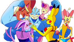 Size: 1192x670 | Tagged: safe, artist:feedback99, eeveelution, espeon, fictional species, lopunny, machamp, mammal, pikachu, plusle, skitty, anthro, nintendo, pokémon, 2023, anthro/anthro, beach, bedroom eyes, bikini, bikini top, black nose, black sclera, blushing, bottomwear, breasts, clothes, colored sclera, digital art, ears, eyelashes, eyes closed, female, flexing, four arms, fur, glasses, glasses on head, hair, male, male/female, muscles, muscular male, open mouth, pants, pecs, pose, shirt, simple background, smiling, sunglasses, sunglasses on head, swimsuit, tail, thighs, tongue, topwear, transparent background, wide hips