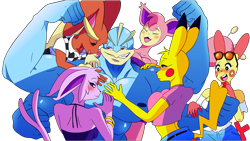 Size: 1192x670 | Tagged: safe, alternate version, artist:feedback99, eeveelution, espeon, fictional species, lopunny, machamp, mammal, pikachu, plusle, skitty, anthro, nintendo, pokémon, 2023, anthro/anthro, beach, bedroom eyes, black nose, black sclera, blushing, bottomwear, breasts, clothes, colored sclera, crop top, cropped shirt, digital art, ears, eyelashes, eyes closed, female, flexing, four arms, fur, glasses, glasses on head, hair, male, male/female, muscles, muscular male, open mouth, pants, pecs, pose, shirt, simple background, smiling, sunglasses, sunglasses on head, tail, thighs, tongue, topwear, transparent background, wide hips