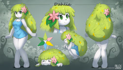 Size: 1181x677 | Tagged: safe, artist:rilexlenov, oc, oc only, fictional species, legendary pokémon, mammal, mythical pokémon, shaymin, anthro, digitigrade anthro, nintendo, pokémon, 2023, black nose, bottomwear, breasts, butt, clothes, detailed background, digital art, dress, ears, eyelashes, flower, flower in hair, fur, hair, hair accessory, picture-in-picture, plant, pose, rear view, reference sheet, tail, thighs, wide hips
