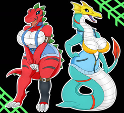 Size: 1280x1163 | Tagged: safe, artist:urusee584, fictional species, seadramon, anthro, digitigrade anthro, semi-anthro, digimon, 2022, 3 fingers, abstract background, belt, big breasts, black background, black nose, black socks, black stripes, blue collar, blue eyes, bottomwear, breasts, chubby anthro, chubby female, claws, cleavage, clothes, collar, colored tongue, crop top, digital art, duo, duo female, ears, eyelashes, female, females only, fur, green background, green spikes, happy, hoodie, jacket, looking at you, looking left, looking right, open mouth, overalls, pose, purple tongue, red body, red scales, rule 63, scales, sexy, sexy outfit, sharp teeth, short shorts, shorts, simple background, slightly chubby, spiked tail, tail, teeth, thighs, tongue, topwear, tyrannomon, unzipped, white claws, white clothes, white clothing, white shirt, white topwear, wide hips, yellow skull