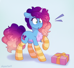 Size: 1978x1813 | Tagged: safe, artist:skysorbett, misty (mlp g5), equine, fictional species, mammal, pony, unicorn, feral, hasbro, my little pony, my little pony g5, spoiler:my little pony g5, 2024, alternate hairstyle, chest fluff, clothes, cute, ears laid back, female, fluff, freckles, gradient mane, gradient tail, hair, hooves, horn pattern, legwear, mane, mare, mistybetes, present, raised hoof, simple background, socks, solo, solo female, striped clothes, striped legwear, surprised, tail, wide eyes