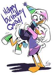 Size: 1112x1500 | Tagged: safe, artist:soup-du-silence, lena (ducktales), webby vanderquack (ducktales), bird, duck, waterfowl, disney, ducktales, ducktales (2017), birthday gift, blushing, bottomwear, clothes, digital art, duo, duo female, eyes closed, feathers, female, female/female, females only, gift art, hair, hair over one eye, hug, lgbt, lgbtq, shipping, shoes, skirt, sweater, tail, topwear, webbed feet, weblena (ducktales), white feathers