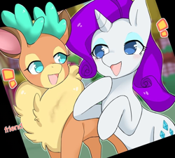Size: 822x740 | Tagged: safe, artist:picklescatt, edit, rarity (mlp), velvet reindeer (tfh), cervid, deer, equine, fictional species, mammal, pony, reindeer, unicorn, feral, friendship is magic, hasbro, my little pony, them's fightin' herds, chat, crossover, duo, duo female, english text, female, females only, horn, text, translation