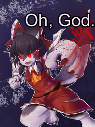 Size: 1200x1600 | Tagged: safe, artist:ぎんぎつね, edit, reimu hakurei (touhou), canine, mammal, wolf, anthro, touhou, 2019, badass, blood, claws, clothes, english text, female, japanese text, solo, solo female, species swap, tail, text, translation